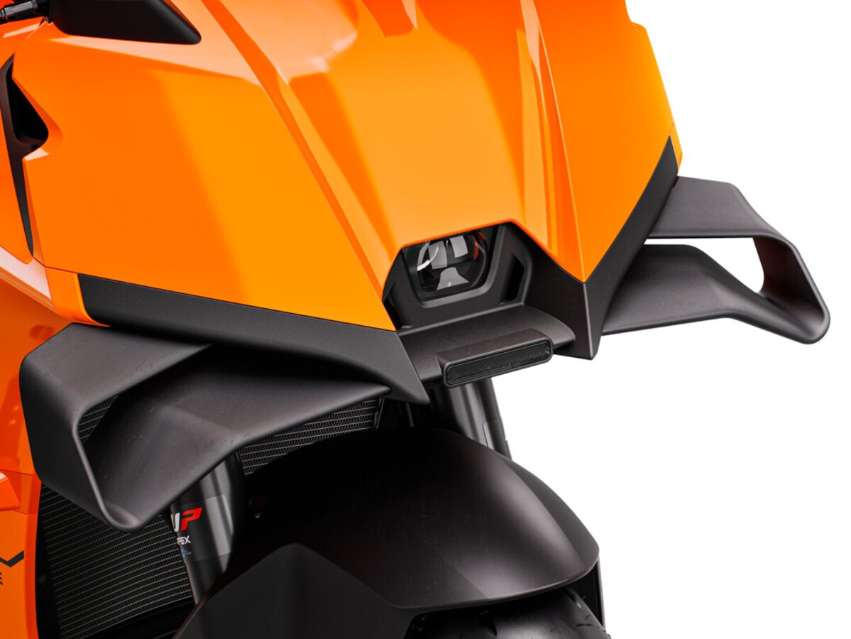 Close studio view of the KTM 990 RC R front fairing and winglets